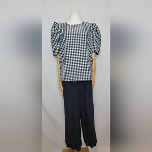 NWT Calvin Klein Women's Black White Checked Gingham Puff Sleeve Top Size Small
